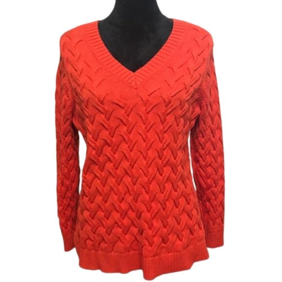 Lands End Women's Cable Knit Sweater V Neck Drifter Cotton Orange Size Large - Picture 1 of 10